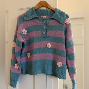 DEBUT Blue & Pink Floral Striped Jumper